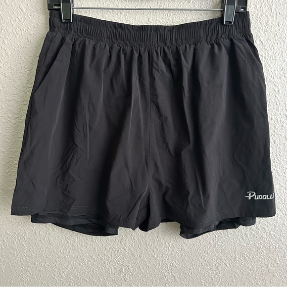 NEW Pudolla Black 2 in 1 Running Shorts 5" Quick Dry Gym Athletic Workout Shorts - Picture 4 of 14